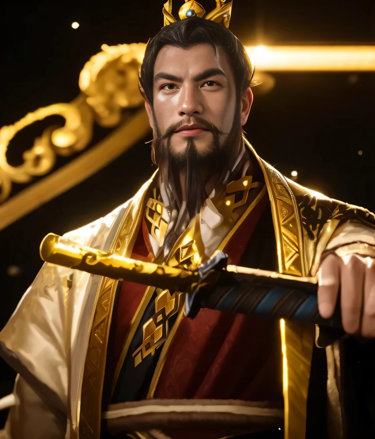 Close-up of a man with a sword and a crown. The earlobes are a little bigger. The face should have fewer curves.