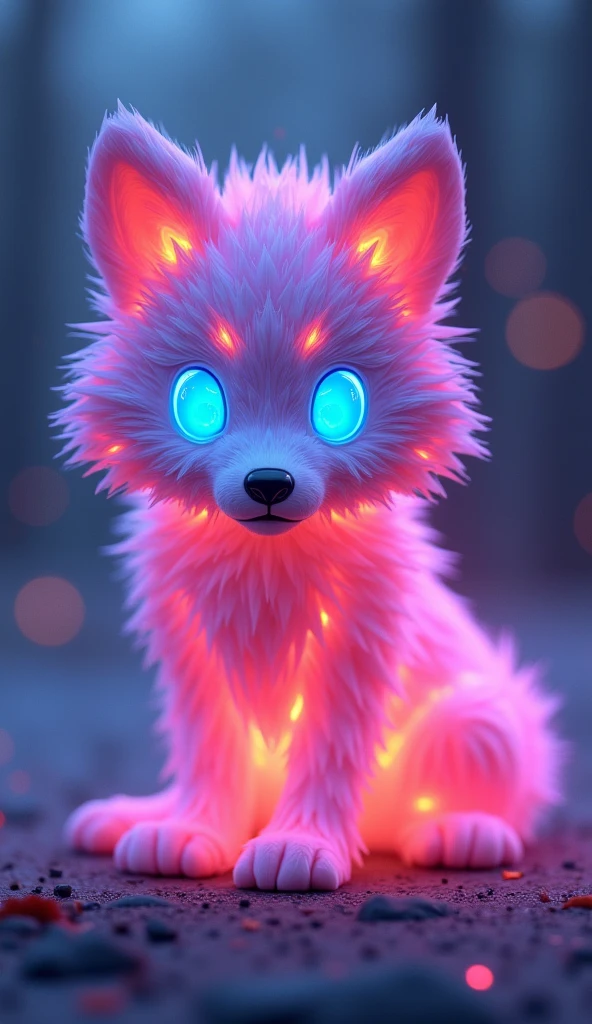 매혹적인 3D rendering은 빛나는 것을 보여줍니다., A very fluffy baby wolf sculpted entirely from crystal, glowing with vibrant neon colors. This low poly creature looks out of this world, Its big, Glowing low poly eyes that grab the viewer's attention. With a beautiful bokeh background, The glowing wolf is the main focus of this piece.., Inspiring wonder and awe. The innovative use of neon hues and low-poly style in this conceptual art design highlights the artist's creativity and innovative approach to 3D rendering, It made it a truly fascinating and unique piece of art..., vibrant, 3D rendering, product, conceptual art, picture