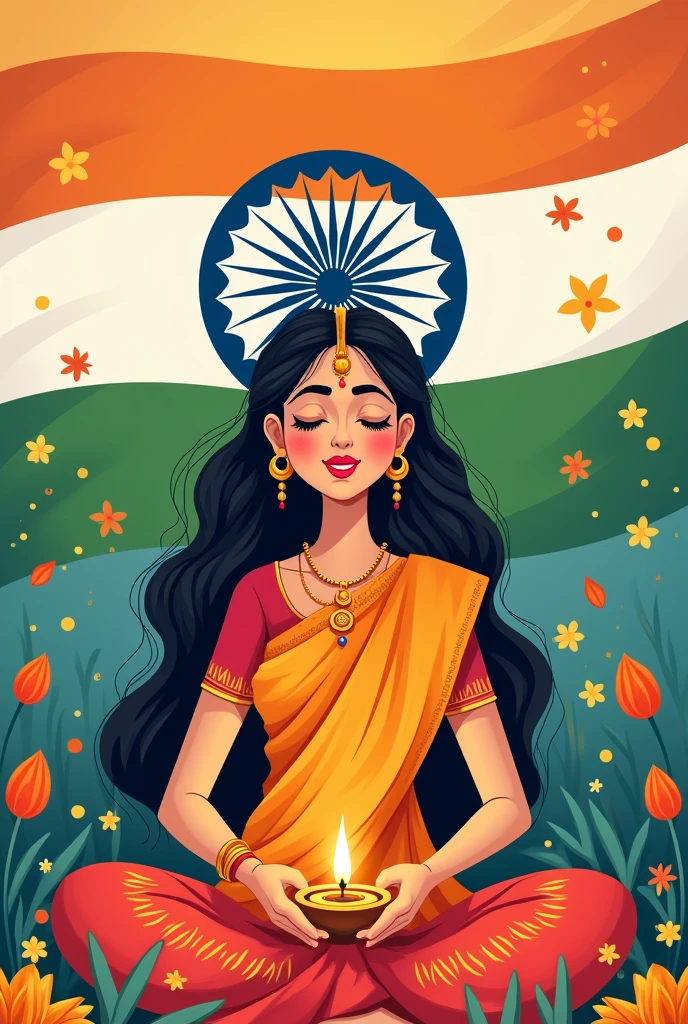 Make a image of a laddies Aarti with the indian flag cartoon single lady