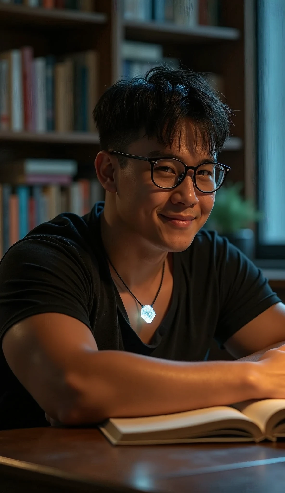 nsfw, best quality, masterpiece, extremely detailed, masculine, sexy, homoerotic, 25 year old bruneian malay man, wearing glasses, round face with chubby cheeks, athletic muscular build, cheeky smile, fitted clothes, glowing quartz crystal pendant, bends forward and elbows on a table, in library, side view, afterhours, lights off, at midnight, cinematic shadows, dreamy atmosphere, perfect face, perfect hands, perfection