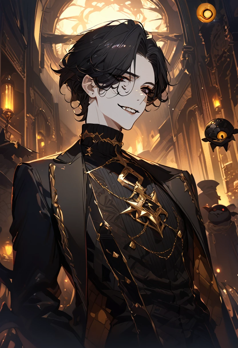 masterpiece, best quality, 8k ,4k , 1 male, demon, pointed ears, jet black hair, black eyes with gold eyeball, finely detailed eyes and detailed face, looking at viewer, scary smile, meticulous clothes, black turtle neck clothes, white turtleneck coat with gold, long coat, patterned clothes, majestic looks, sharp looks, shadows, inspired by Asukaziye artist : ask, art style : ask