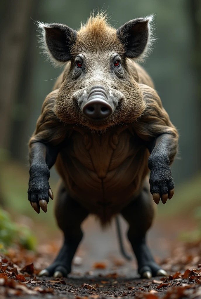 A wild boar shows off its muscles while standing on two legs. Its eyes are red, its appearance is scary and fierce. Mauling the victim