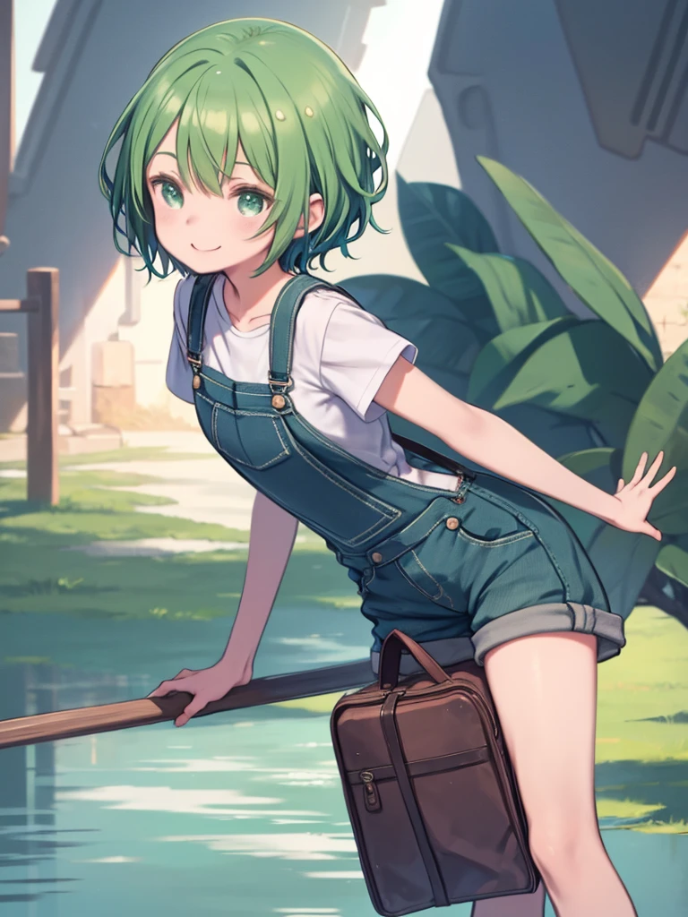 One Girl、Zundamon、Green Hair、short hair、Overalls、Shorts、White short sleeve shirt、smile、