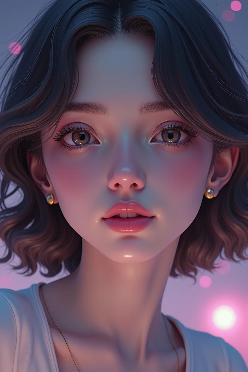 houlder-length hair, styled in soft waves or curls. Her expression could be slightly mysterious or introspective, with a hint of a smile, suggesting depth and creativ