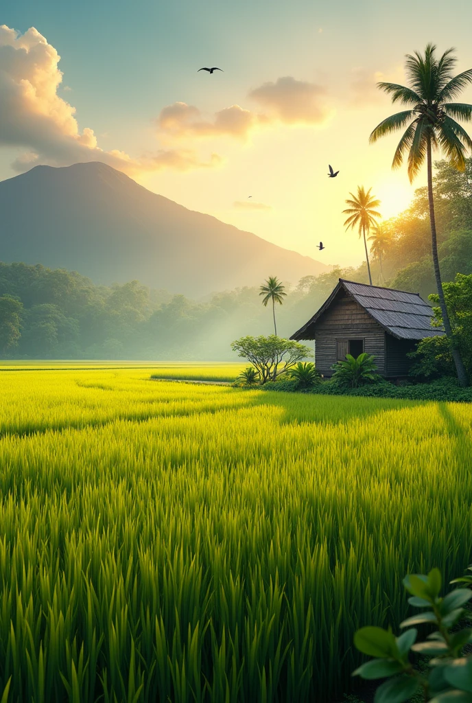 generate a view at paddy field with green and yelllow, paddy, morning sunrise and mountain as the background, coconut trees with an old wooden house, birds flying, hyper-realistic, highly-detailed, ultra-sharp, 3d rendering, bright colours, surrealism.