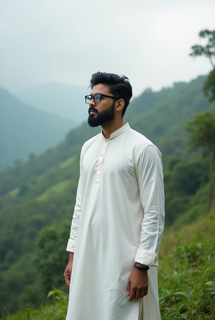 A smart young Islamic scholar is standing in the most beautiful spot in Bandarban, striking a stylish pose. He has a modest beard and short hair, without a cap. He wears simple glasses and is dressed in a Bengali panjabi... look like masterpiece...  Pic has detailed.
Bangladeshi...more beard....  Dress is indian panjabi.  More beard... Dress is simple indian panjabi...  ..
 White