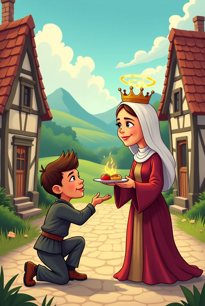 Cartoon of Saint Elizabeth of Hungary helping a very hungry person