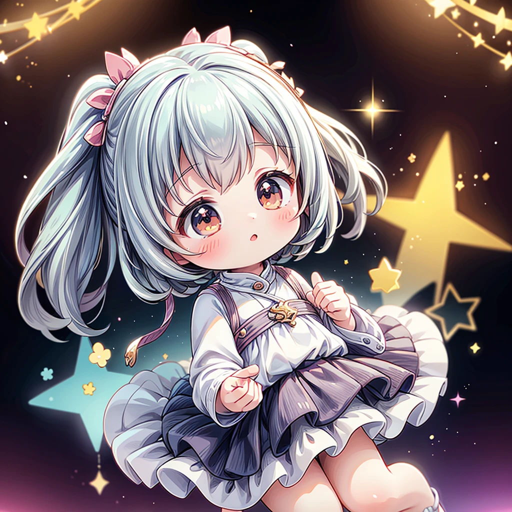 best quality, incredibly absurdres, extremely detailed, 2.5D, delicate and dynamic, chibi, cute girl, wearing baggy clothes, sparkly and vivid color effects, background another dimension