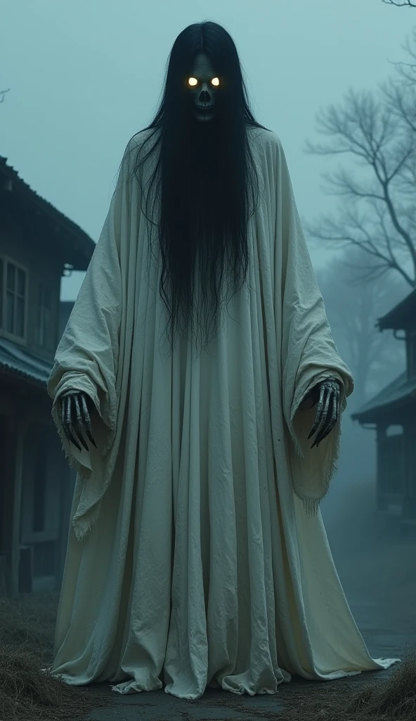 "Depict 'Hachishaku-sama,' the Eight Feet Tall spirit from Japanese folklore, in an ultimate horror setting. Standing at 240cm, she dominates the scene with her menacing presence. Her long, tattered white robe absorbs all light, creating a suffocating darkness. Her face is obscured by matted black hair, with only her glowing, malevolent eyes visible. Her skeletal hands, ending in claw-like nails, stretch unnaturally. The air is thick with a chilling fog, and the setting is an abandoned, decaying village under a pitch-black sky. Her presence exudes an inescapable sense of dread, making her the embodiment of pure horror."