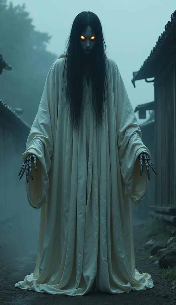 "Depict 'Hachishaku-sama,' the Eight Feet Tall spirit from Japanese folklore, in an ultimate horror setting. Standing at 240cm, she dominates the scene with her menacing presence. Her long, tattered white robe absorbs all light, creating a suffocating darkness. Her face is obscured by matted black hair, with only her glowing, malevolent eyes visible. Her skeletal hands, ending in claw-like nails, stretch unnaturally. The air is thick with a chilling fog, and the setting is an abandoned, decaying village under a pitch-black sky. Her presence exudes an inescapable sense of dread, making her the embodiment of pure horror."