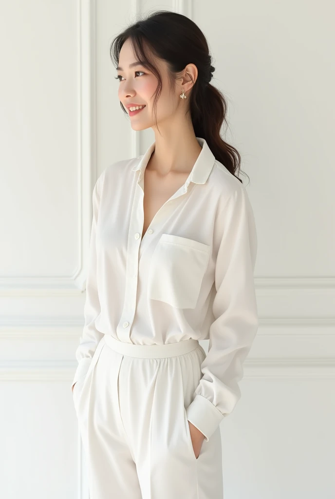 She was wearing a white outfit that was not a fancy dress.、An intelligent and kind woman
