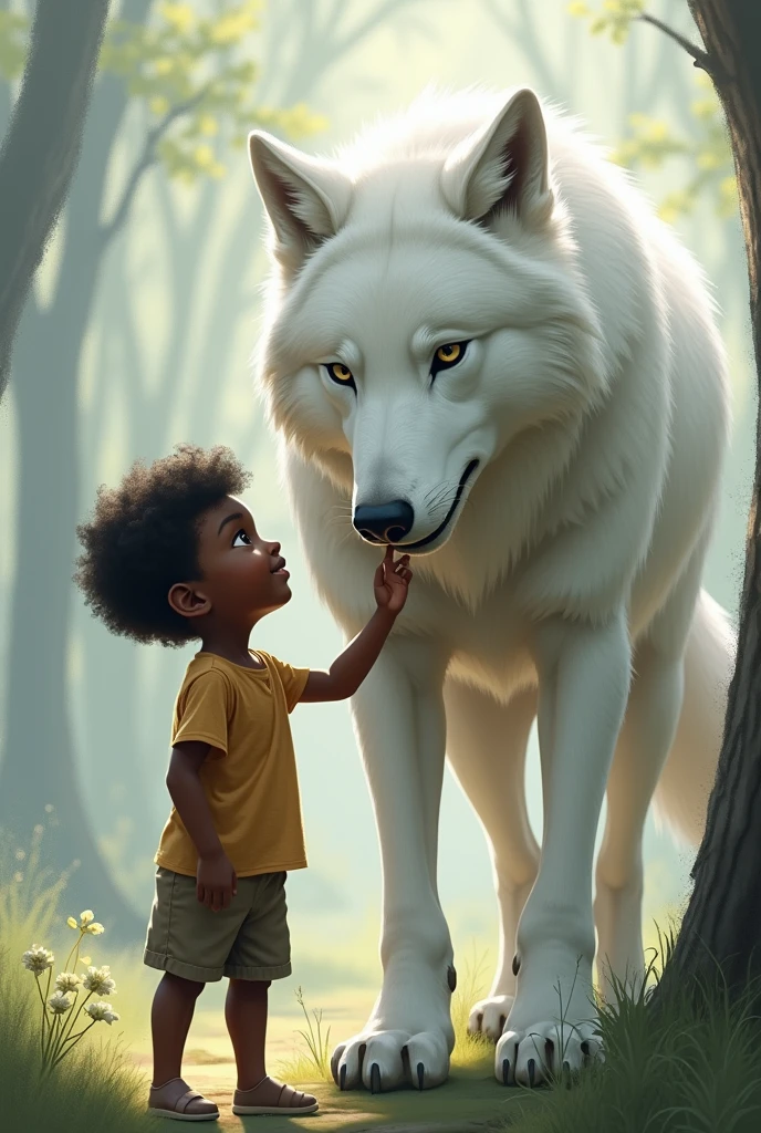 A black boy petting a big white wolf