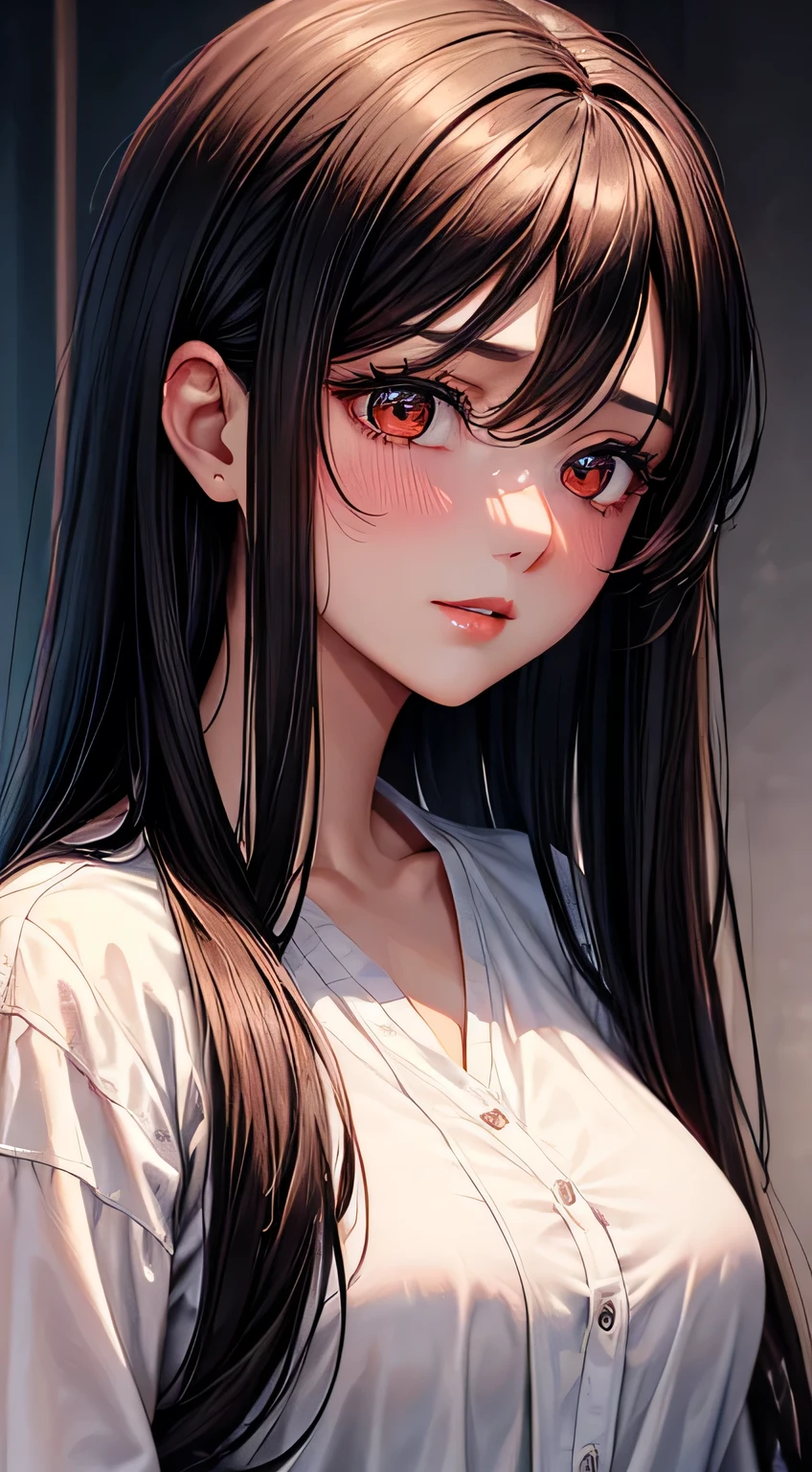 Amazing portrait of a woman who is 30 years old and an adult and a sexy and cute woman with black brown long straight hair and weak eyes blushing intensely with her lips parted and ready to kiss wearing a long oversized white shirt during night time with soft lighting showcasing her red lips and her beautiful face in detail and close up 