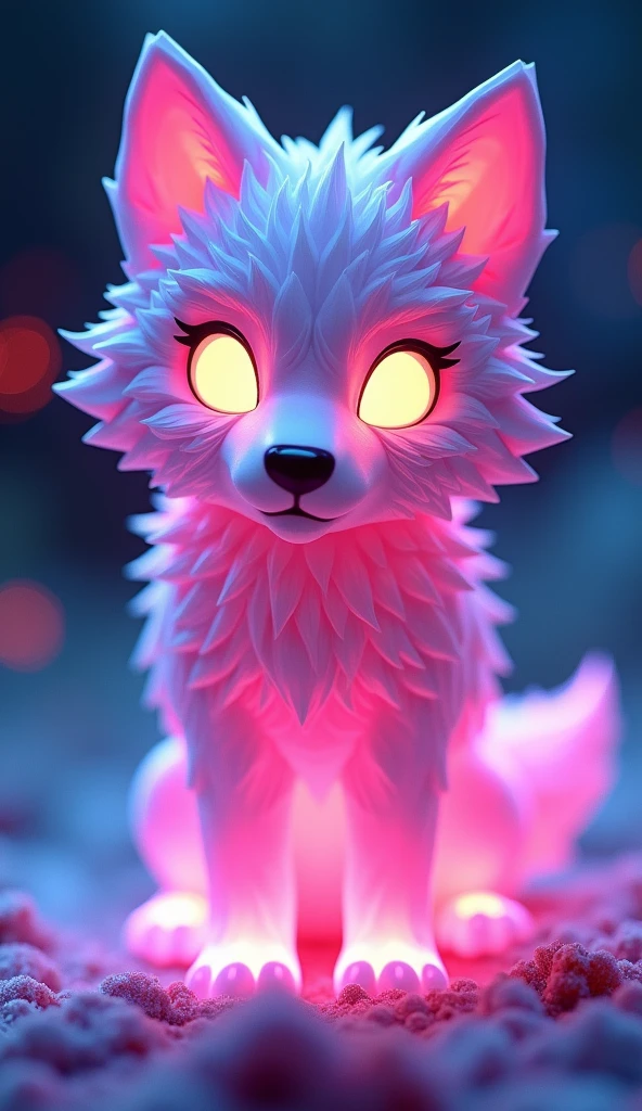 매혹적인 3D rendering은 빛나는 것을 보여줍니다., A very fluffy baby wolf sculpted entirely from crystal, glowing with vibrant neon colors. This low poly creature looks out of this world, Its big, Glowing low poly eyes that grab the viewer's attention. With a beautiful bokeh background, The glowing wolf is the main focus of this piece.., Inspiring wonder and awe. The innovative use of neon hues and low-poly style in this conceptual art design highlights the artist's creativity and innovative approach to 3D rendering, It made it a truly fascinating and unique piece of art..., vibrant, 3D rendering, product, conceptual art, picture
