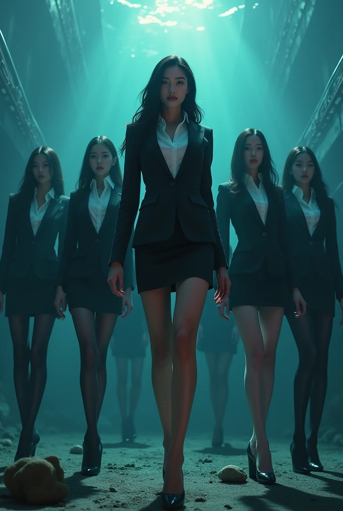 Beautiful woman with long legs, secretary in suit, bare legs, tight skirt, all women with different faces, Korean and Japanese5Two people in black tights, real deep sea