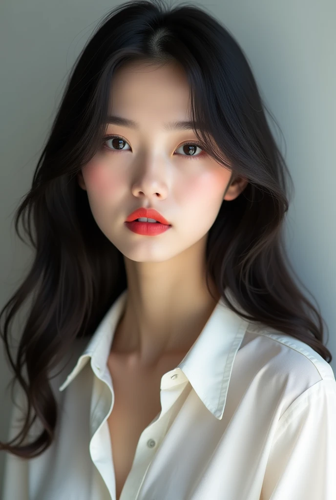 A young Vietnamese woman with long dark hair, oval face shape, beautiful face, wearing a white shirt and red lipstick, looking directly at the camera with a thoughtful expression, realistic skin, white skin