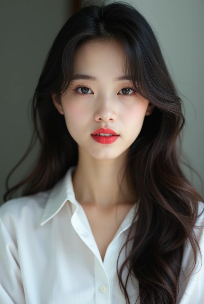 A young Vietnamese woman with long dark hair, oval face shape, beautiful face, wearing a white shirt and red lipstick, looking directly at the camera with a thoughtful expression, realistic skin, white skin