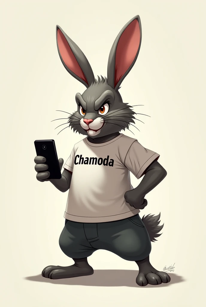 A fierce rabbit wearing a t-shirt holding a phone has Chamoda written on it