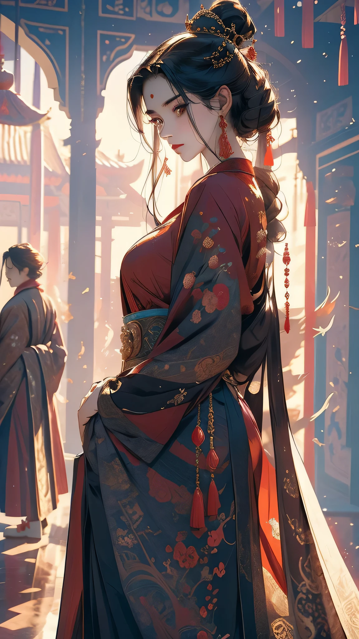 The handsome fake eunuch, the male lead, and the smart female lead, Jia Jia. The male lead has a red dragon robe and a swaying figure. The female lead has a beautiful face. The majestic palace architecture is magnificent. The palace interior is full of flowers. The mysterious time-travel atmosphere. The palace is full of intrigues. The deep gaze between the two of them is the exquisite texture of the swaying belt. The gorgeous pattern of the phoenix belt. The elegant palace dress of the female lead. The jade seal symbolizing power. The gorgeous folding fan of the palace. The exquisite hair ornaments.