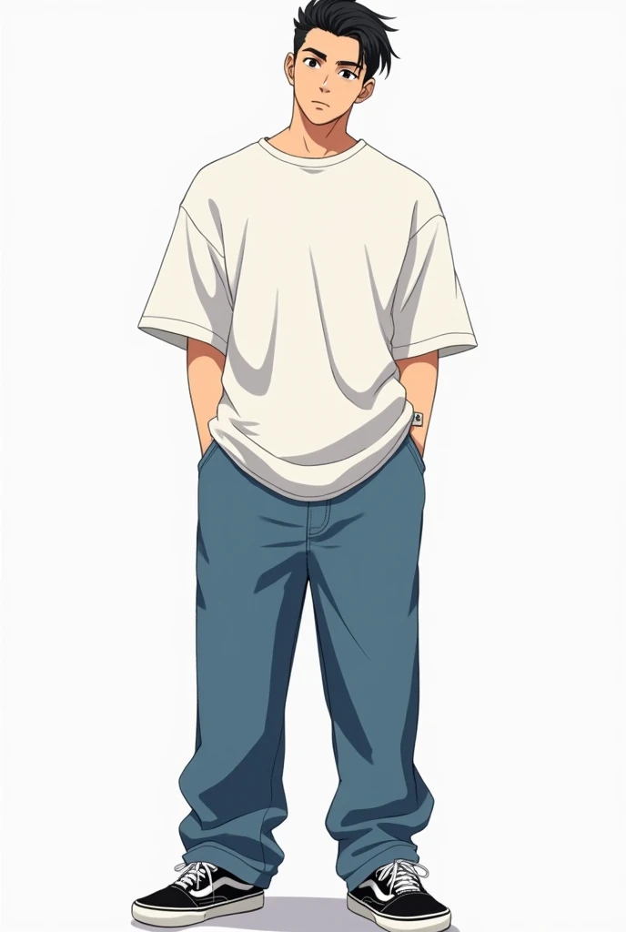 Oversized clothing, plain white t-shirt, thick denim, black VANS sneakers, man, slicked back hair, front, whole body, anime-like face, around junior high school age