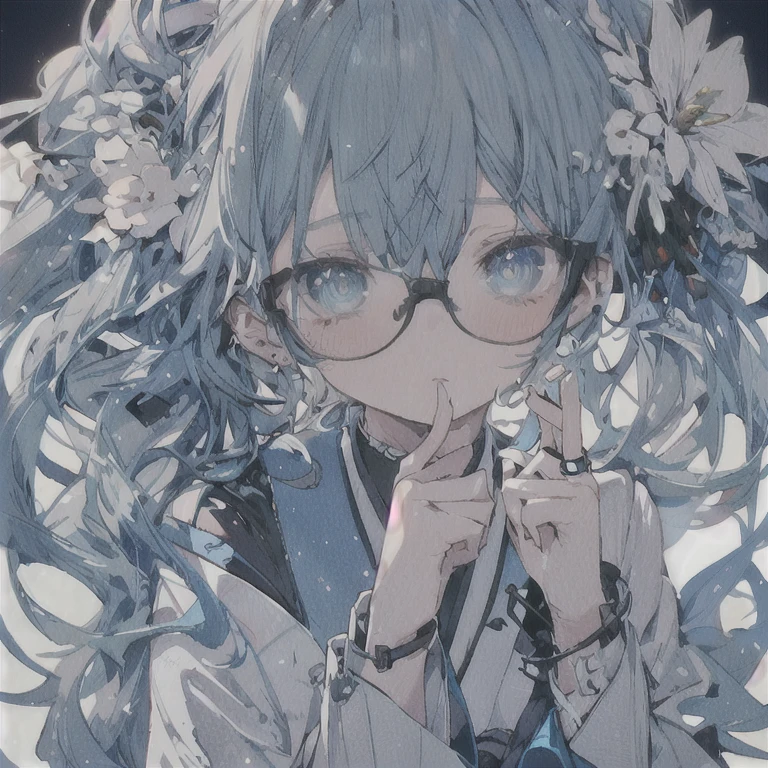 One girl, Blue Hair/Light blue hair, Glasses, High resolution, Anatomically correct, Shortcuts, Close-up, Off-screen, Hair Flower, Japanese illustration style,