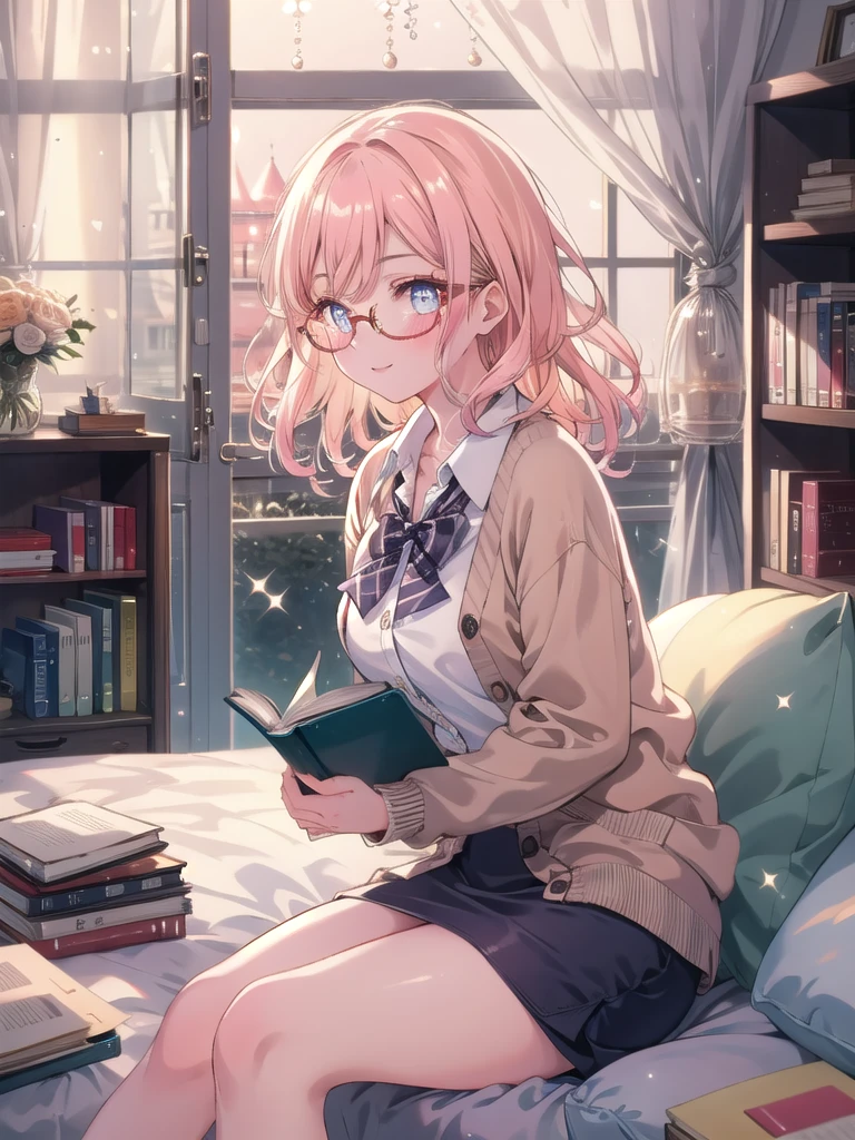 ((8k, Highest quality, masterpiece: 1.3)),Ultra-high resolution,(1 girl, alone), (Color changing eyes, Ultra-detailed, Expressive brilliance, Glitter, Glowing Eyes), Highly detailed eyes, Highly detailed face, Random Hair, ((pastel colour)),A reserved young woman with pastel peach-colored hair styled into loose, natural waves, sitting on a floor cushion in her minimalist bedroom during the early morning. She is dressed in a demure yet subtly sexy librarian cosplay, wearing a knee-length pencil skirt, a buttoned-up blouse with a soft cardigan, and a pair of vintage round glasses. The camera captures her from a low angle as she reads a book with a slight smile, her expression calm and focused. The room is softly illuminated by the gentle morning light filtering through the curtains, with a bookshelf filled with books and a few scattered cushions creating an atmosphere of quiet intellect and understated allure,(nsfw:1.3)