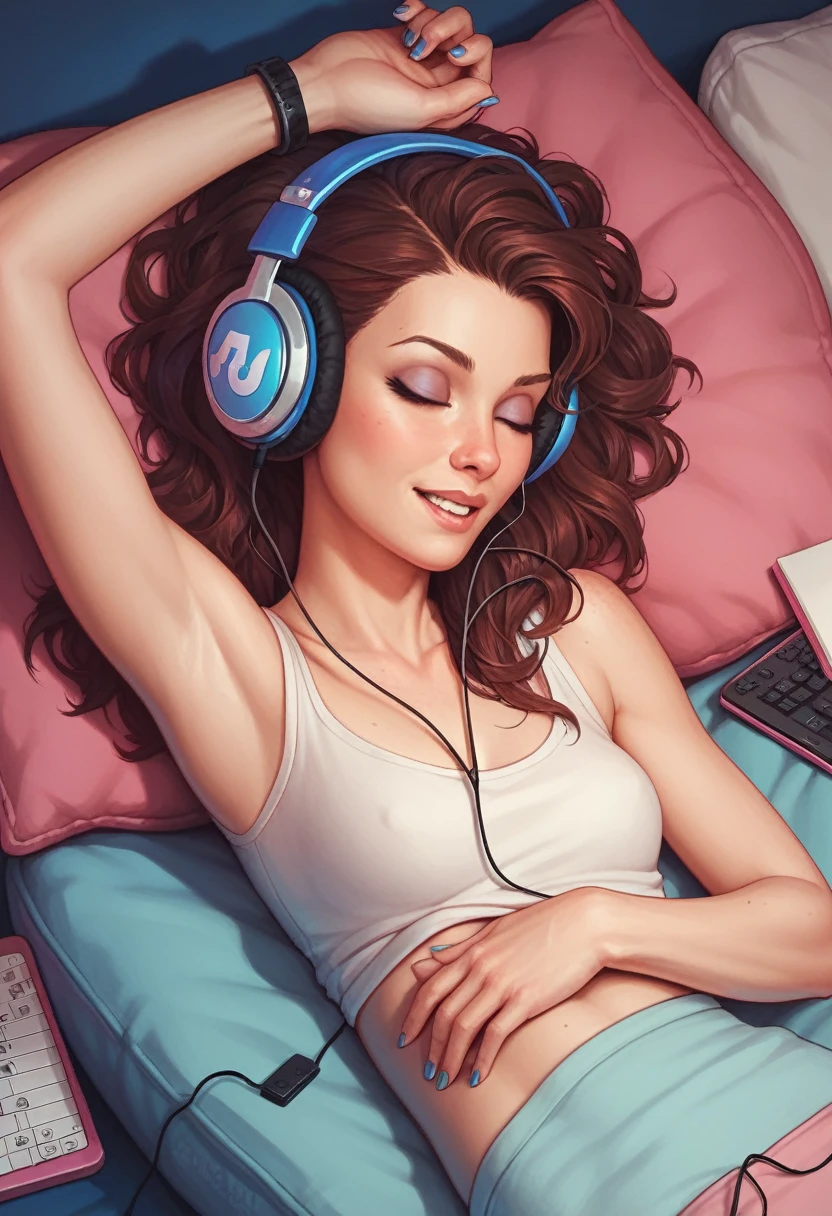 Woman   relaxing  home headphones  music