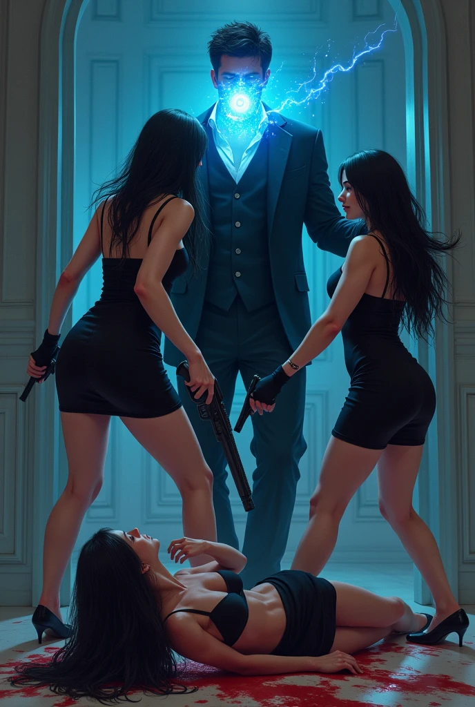 ((best quality)), ((masterpiece)), (detailed), perfect face
A ( handsome man , black suit , Magical glowing blue eye stabbed two girls,they collapse on floor, blood coming out,
Two girls were beautiful spy agents,long hair black,sexy hot mini dress , weapons loaded,face covered with light black mask look entrance 