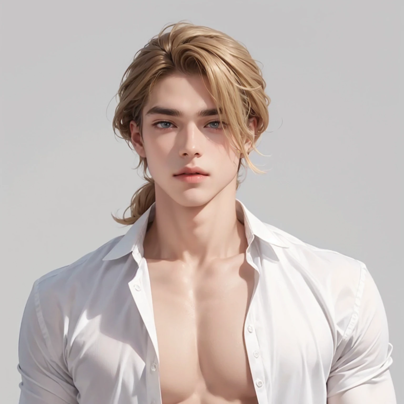 （No light and shadow environment：2），Soothing tones,Soft colors，A 23-year-old European and American model，（Shut up：1.5），（Hair sticking to scalp：1.5），Golden brown slightly curly shoulder-length hair，Ponytail hairstyle，Middle parting hairstyle，Edward Furlan，blond，With a melancholy expression，Blonde curly hair，male，White background，High Detail，male焦点，Abdominal muscles，Chest muscles，White shirt，Looking at the audience，