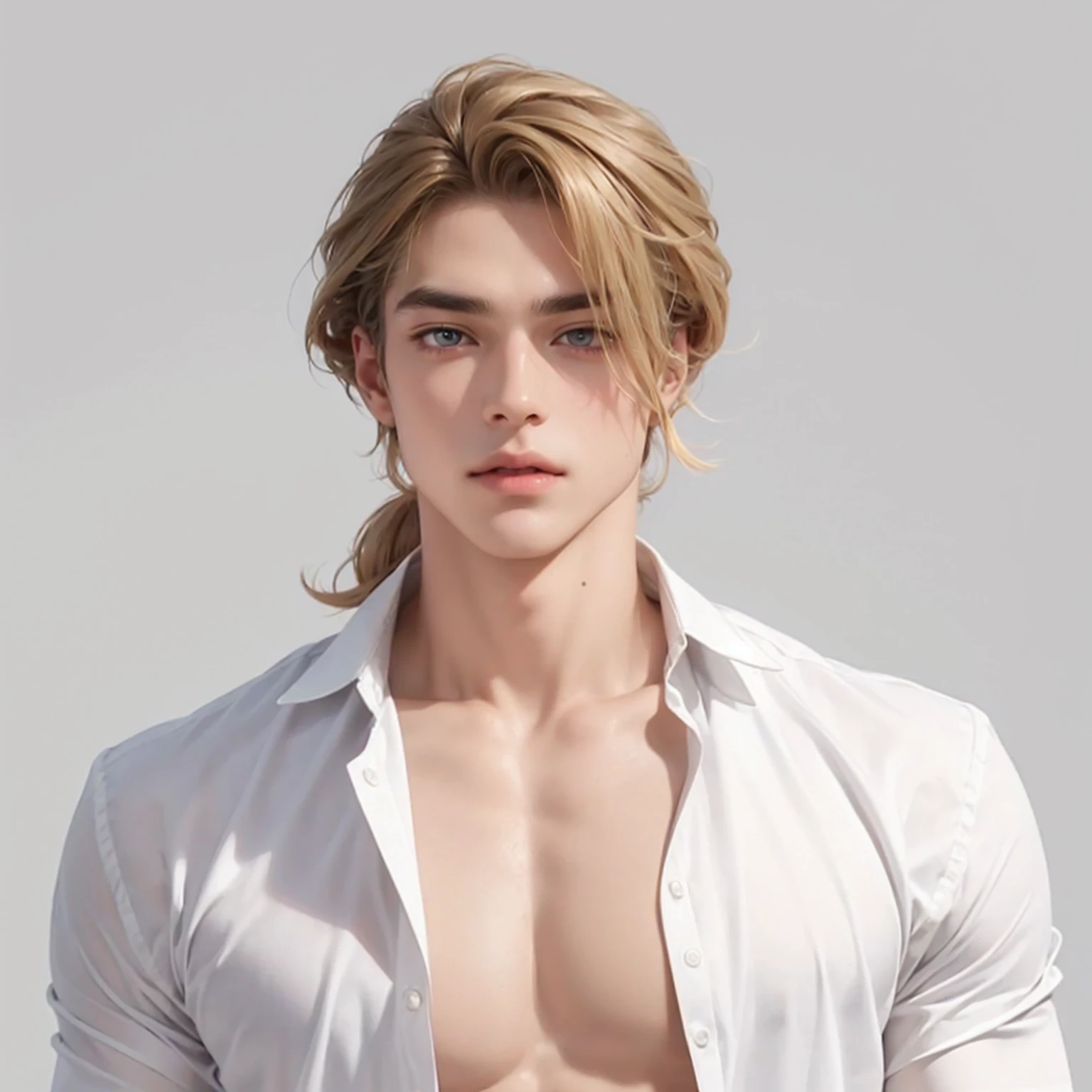 (No light and shadow environment:2),Soothing tones,Soft colors,A 23-year-old European and American model,(Shut up:1.5),(Hair sticking to scalp:1.5),Golden brown slightly curly shoulder-length hair,Ponytail hairstyle,Middle parting hairstyle,Edward Furlan,blond,With a melancholy expression,Blonde curly hair,male,White background,High Detail,male焦点,Abdominal muscles,Chest muscles,White shirt,Looking at the audience,