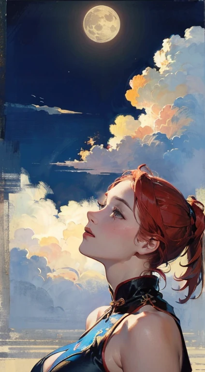 ((best quality)), ((masterpiece)), (detailed), succubus, ethereal beauty, perched on a cloud, (fantasy illustration:1.3), enchanting gaze, leotard, pantyhose, stockings, bodysuit, captivating pose, delicate wings, otherworldly charm, mystical sky, large moon, moonlit night, soft colors, (detailed cloudscape:1.3), (high-resolution:1.2), from below, (rating_explicit), (score_9, score_8_up, score_7_up, score_6_up, score_5_up, score_4_up, high res, 4k) (mvvwdt:1.4):detail_slider_v4:1.25> (bubbles:0.5), ((masterpiece)), high quality, very_high_resolution, large_filesize, full color, heavy outline, clear outline, colorful, (beautiful detailed eyes), (beautiful face:1.3), (boyish face:1.3), 1 girl, (femaleranma), (red hair), short hair, (braided ponytail), ((bangs)), bumpy bangs, blue-gray eyes, big breasts, curvy, femaleranma, braided ponytail, (red chinese clothes), sleeveless, tangzhuang, black pants, cameltoe, standing, upper body, ((from side:1.4)), ((portrait:1.8)), ((face focus:1.4)),