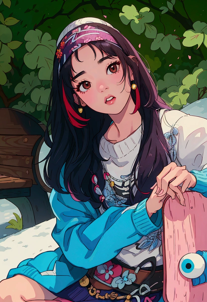 (best quality:0.8) perfect anime illustration, araffe asian woman sitting on a bench with a skateboard, jaeyeon nam, lee ji-eun, lee ji - eun, heonhwa choe, blackpink jennie, beautiful south korean woman, park ji-min, gorgeous young korean woman, taejune kim, korean women's fashion model, female actress from korea, roseanne park of blackpink, cute korean actress