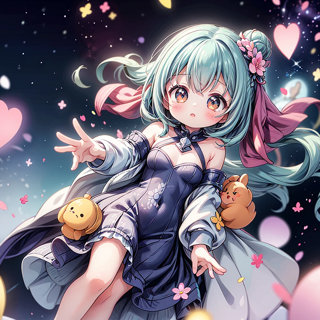 best quality, incredibly absurdres, extremely detailed, 2.5D, delicate and dynamic, chibi, cute girl, wearing baggy clothes, sparkly and vivid color effects, background another dimension