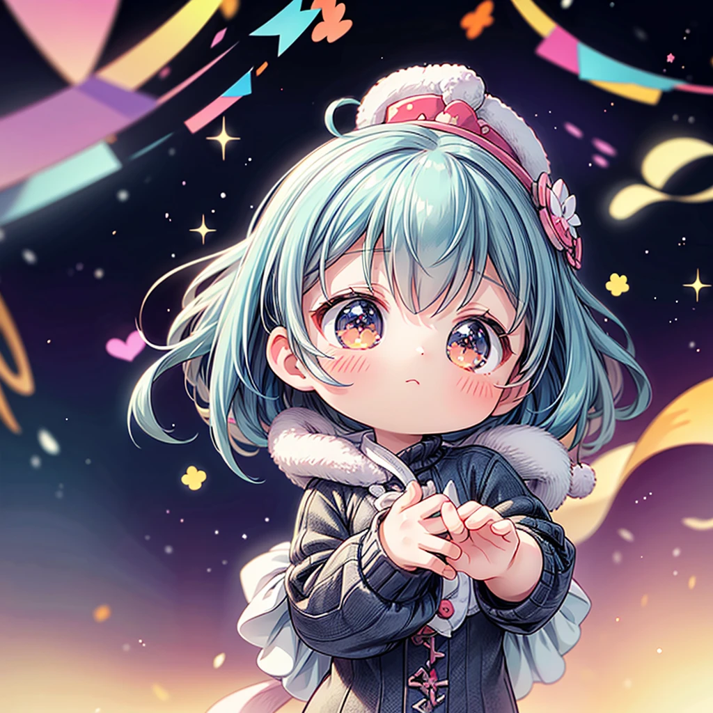 best quality, incredibly absurdres, extremely detailed, 2.5D, delicate and dynamic, chibi, cute girl, wearing baggy clothes, sparkly and vivid color effects, background another dimension