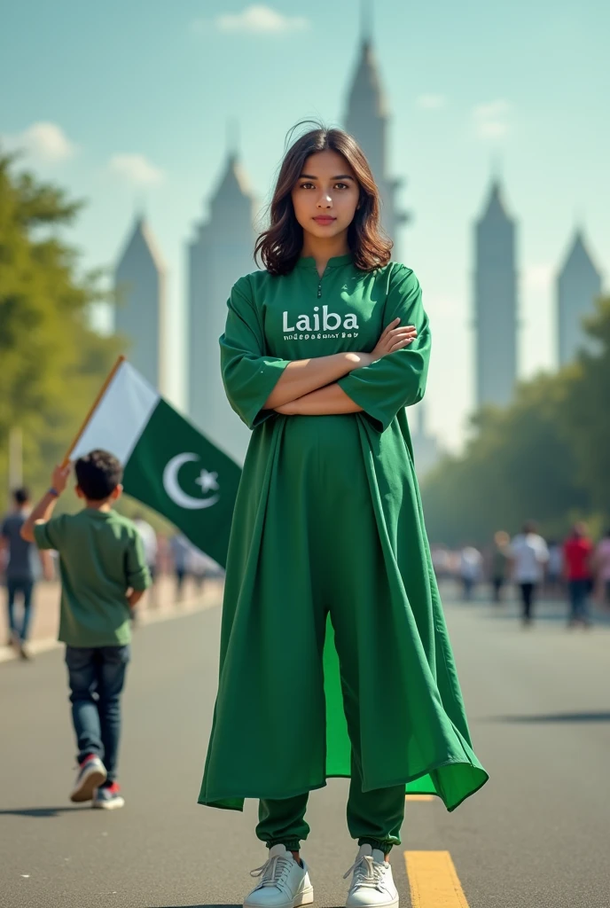 A real20"years old girl, Wearing green frock and white trozar_ sneakers and the name “ laiba is written on frock and the boy is standing on the road with holding a national flag of Pakistan and behind him is the Lahore And written on sky “Independence Day” Create Realistic image high quality..