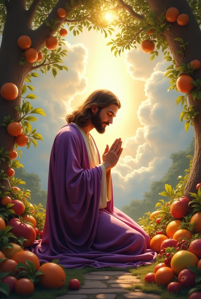 (photorealism:1.2), handsome Jesus Christ, praying kneel under the trees that full of clouds and sorrounded of many fruits, wearing purple king clothes with light in his head and heart spreading all over, perfect five finger, Jesus Christ beautiful hair, outdoors, soft lighting, clouds in background, beautiful sunlight, perfect paradise and clouds, relaxed pose, realistic, intricate details, warm colors,