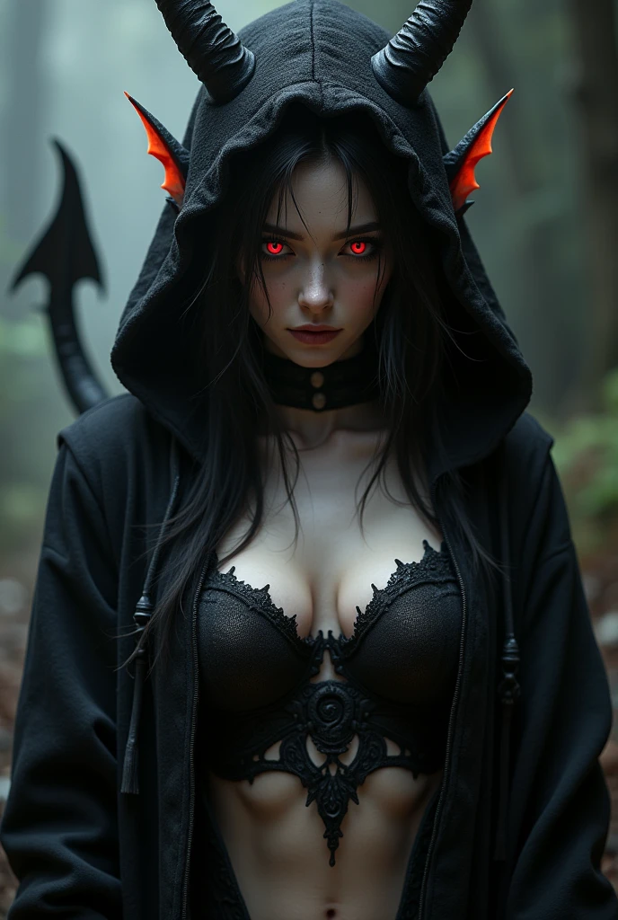 A woman, Red eyes, pale vampire skin, big breasts, dragon horns, Fangs, dragon tail, hoodie negra, by the width, black fur, 4k, High Definition