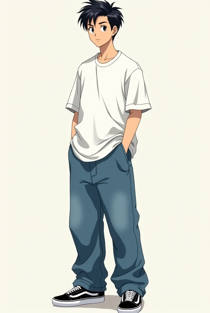 Oversized clothing, plain white t-shirt, extra wide jeans, black VANS sneakers, man, slicked back, front, whole body, anime-like face, around junior high school age