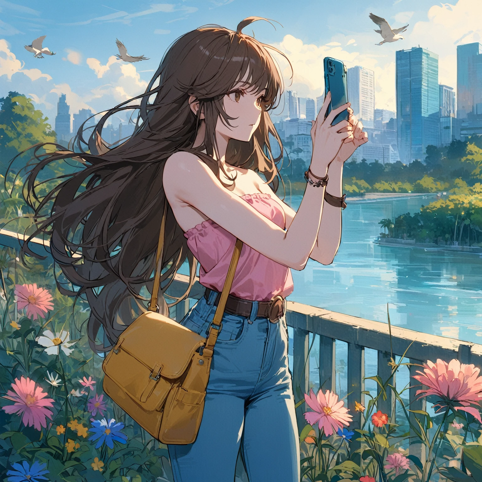 Best quality, masterpiece, while she takes pictures with phone, very long hair, brown hair, (((swept bangs))), brown eyes, pink swimwear, jeans, satchel, sneakers, toned arms, slight abs, small breasts, tropical plants, outdoors, teal building, river, fencing, city buildings in distance, colorful flowers, weeds, trees, beach in background, people in background, dusk,