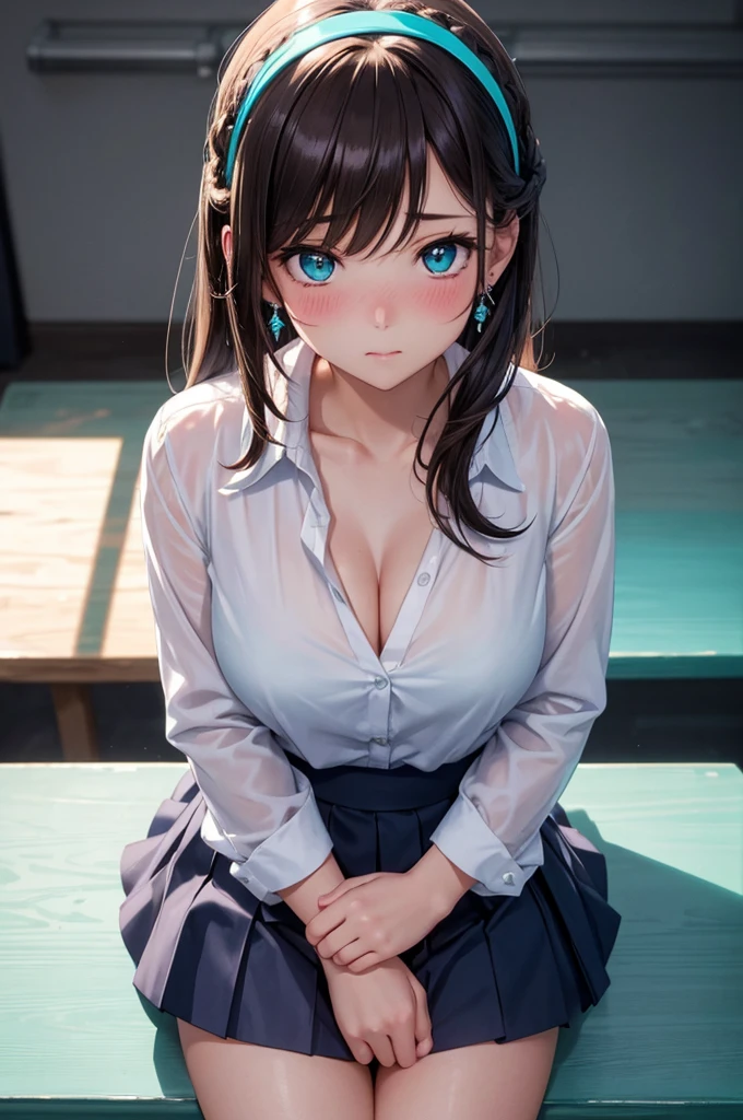 A beautiful girl sitting on a chair lifting her skirt, anime girl, inside a classroom, white button-up shirt, collarbone, pleated miniskirt, big round breasts, shapely thighs, turquoise panties, dark brown hair, long bangs, french braid, messy hair, long hair, wavy hair, shiny hair, hairclip, blue hairband, glowing eyes, aqua eyes, beautiful detailed eyes, pupils sparkling, earrings, blush, embarrassed, shy, blush, glossy lips, closed mouth, scared, nervous, nose blush, high detail, anime, anime style, chiaroscuro, cinematic lighting, dithering, image fill, multiple views, from above, wide shot, atmospheric perspective, perspective, Wide-Angle, f/1.8, 85mm, Nikon, 8k, super detail, UHD, retina, masterpiece, accurate, anatomically correct, textured skin, high details, best quality, highres, 16k