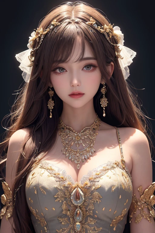 masterpiece、最high quality、Portrait of a girl、hair ornaments、necklace、gem、Beautiful Face、On top of that_body、Tyndall effect、Photorealistic、Dark studio、Rim Light、Two-tone lighting、(Skin with attention to detail:1.2)、8k uhd、Digital SLR, Soft Lighting, high quality, Volumetric lighting, Frank, picture, High resolution, 4K, 8k,