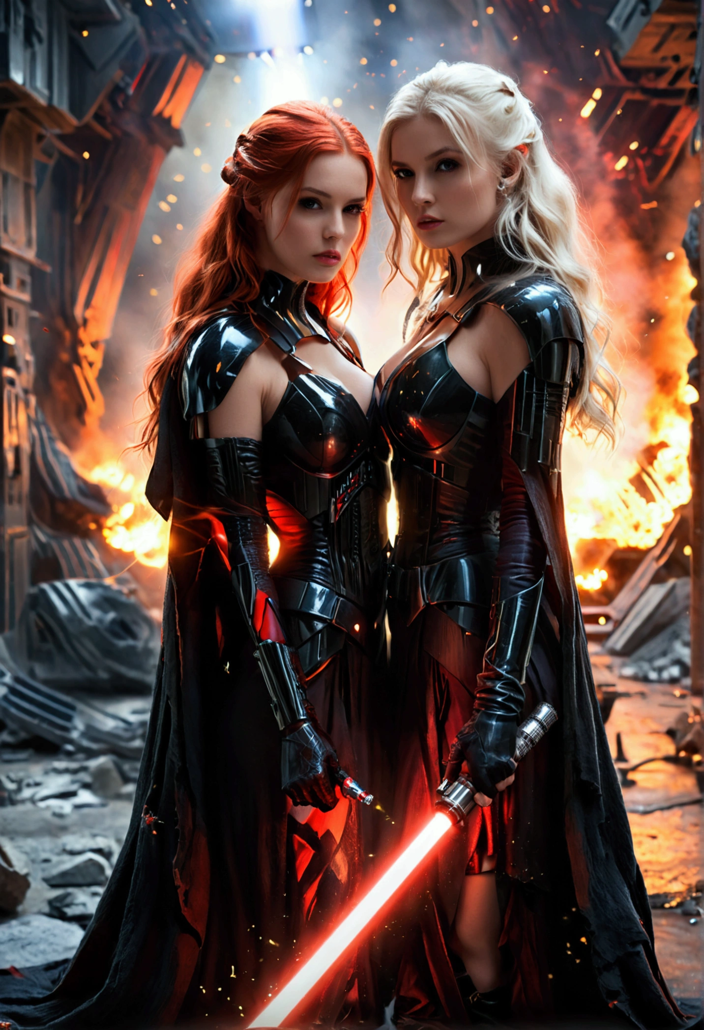 (full body shot:1) photorealistic image of two (walking pose:1) women, ultrarealistic, photography, one with long red hair, woman, 24 years old, hourglass figure, perfect body, seductive look, natural medium breasts, blur background, in complete darkness, she is wearing a sith robe, she is holding a red lightsaber, the lightsaber is the only lightsource, on a dark destroyed spacestation, explosion in the background, long sexy legs, the other girl has platinum blonde long hair, 30 years old, curvy figure, she is wearing a sith robe and is also holding a red lightsaber in her hand, natural big breasts, they are walking towards the camera, dynamic shot, action shot