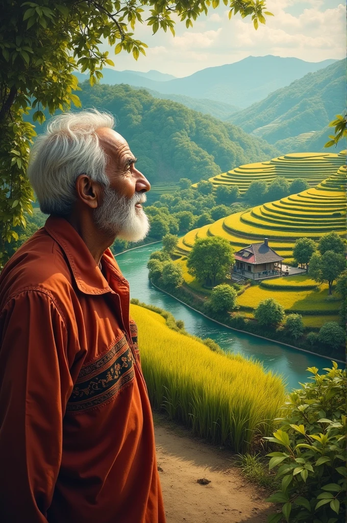 A Bangladeshi old man seeing a image on the wall.The image presents the natural beauty of village 