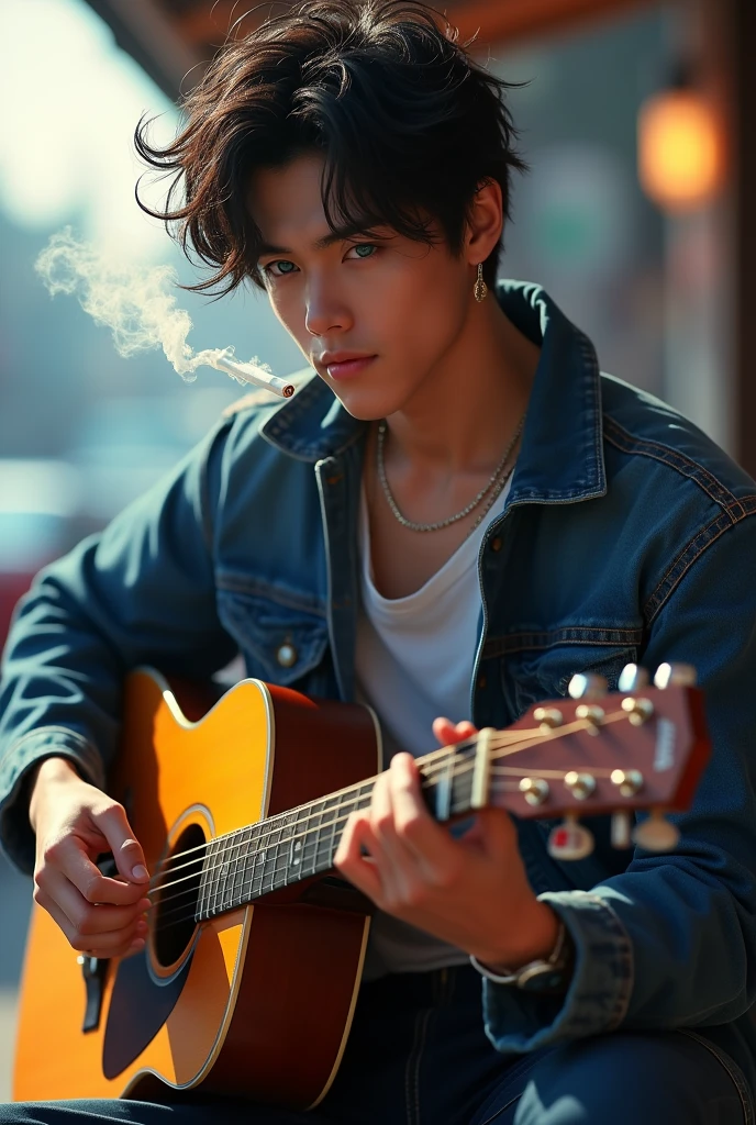 a 19 year old american dude with a messy fringe medium length hair, blue eyes, clean shaven, fit body and his face resembles Taeyung from BTS and elvis presley. He is playing the guitar while a cigarette in his mouth