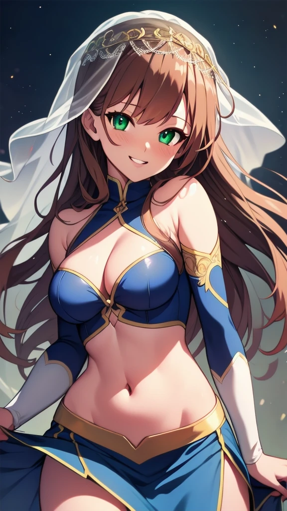 (masterpiece:1.2), (best quality:1.2), (intricate details:1.2), (anime coloring:1.1), ((top-quality)), solo girl, light brown hair, green eyes, long hair, medium breasts, sexy body and face, wavy hair, smile, (parted lips:0.9), alternate costume, cleavage, bare shoulders, blue skirt, crop top, dancer, dancing, detached sleeves, grin, halterneck, jewelry, midriff, mouth veil, navel, neck ring, see-through, see-through sleeves, skirt, standing, stomach, thighs, veil, night background, perfect hips, sexy pose, cowboy shots, detailed body, face, and eyes, illustration, sharp focus, vibrant, creative, dynamic, high definition, high resolution, 16k quality, (Upscale: R-ESRGAN 4x+ Anime6mage enchance:4x), (beautiful illustration), (beautiful detailed eyes 1.2), (beautiful detailed face:1.2), (beautiful detailed body:1.2), (better hands:1.2), voluptuous body, cinema lightning, dakimakura style, good anatomy, perfect eyes, perfect body, perfect anatomy, perfect chest, looking at the viewer,