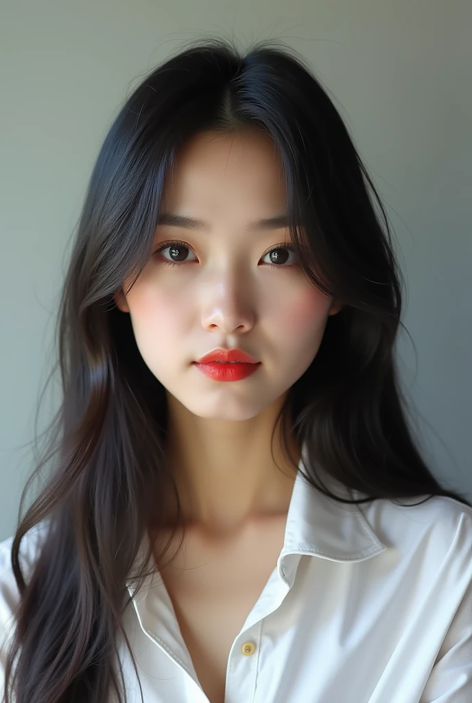 A young Vietnamese woman with long dark hair, oval face shape,cute face, beautiful face, wearing a white shirt and red lipstick, looking directly at the camera with a thoughtful expression, realistic skin, white skin