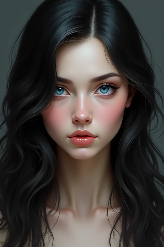 A black haired woman with blue eyes