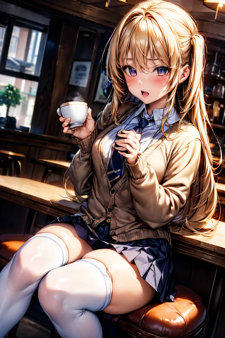 Browsing Caution,(((restaurant))),(最high quality, 8k, masterpiece:1.3,beautiful girl),(((Woman 1))) (Very detailed)Glowing Skin,(((Long Hair,blonde,Beautiful Hair))),(Perfect Anatomy, Anatomically correct, Very detailed肌),((Golden Eyes)),(((((Perfect Fingers,Five Fingers))))),((Light blue collared shirt, Navy pleated mini skirt, socks, Navy tie, Light brown cardigan, White knee socks)),Pink Panties, Knee-high socks,Knee-high socks on both feet,double,double teeth, Drinking coffee、Close to the audience、Face-to-face with your audience、Please sit down、Wink))high quality、Visual Arts、With background((coffee shop、Counter seats、coffee maker))、table(menu、Coffee cup Coffee cup、Sugar Bottle、milk,cake),tableトップ、