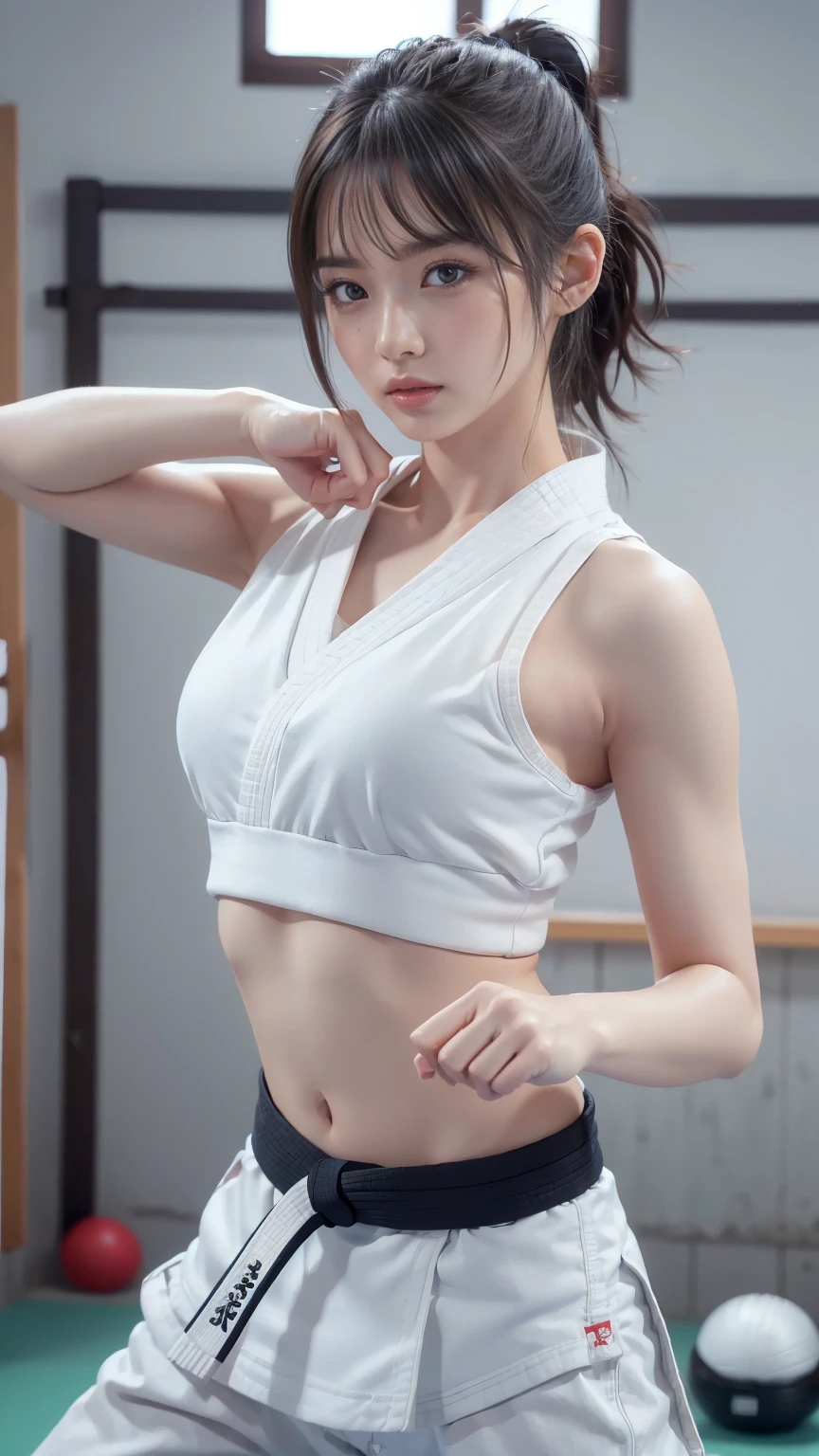 (Sporty bra visible)、(((Sexy Karate Singlet)))、Female karateka with bangs and a ponytail、The navel and under the chest are visible、Glowing Skin、((Embarrassed face))、((Turn away))、((Look to the side))、((Blushing))、(Watery eye)、cry、(((Karate Dojo)))、((Delicate painting))，(Masterpiece detailed RAW photos:1.25), (Highest quality:1.6), (Ultra-high resolution:1.5), (Realistic:1.75), 8k resolution, Canon EOS R5, 50mm, Absurd, Very detailed,Cinema Lighting、((Sporty pants are visible))、(((Take off your pants)))、