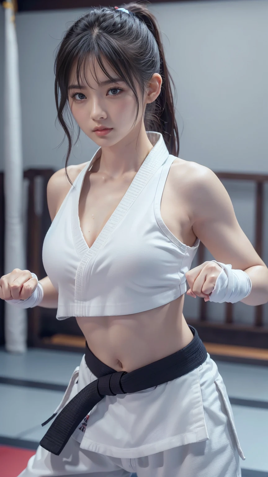 (Sporty bra visible)、(((Sexy Karate Singlet)))、Female karateka with bangs and a ponytail、The navel and under the chest are visible、Glowing Skin、((Embarrassed face))、((Turn away))、((Look to the side))、((Blushing))、(Watery eye)、cry、(((Karate Dojo)))、((Delicate painting))，(Masterpiece detailed RAW photos:1.25), (Highest quality:1.6), (Ultra-high resolution:1.5), (Realistic:1.75), 8k resolution, Canon EOS R5, 50mm, Absurd, Very detailed,Cinema Lighting、((Sporty pants are visible))、(((Take off your pants)))、